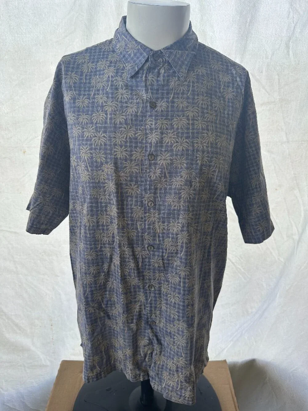 Tori Richard Men's Blue Brown Palm Coconut Tree Pattern Hawaiian Shirt Size Larg